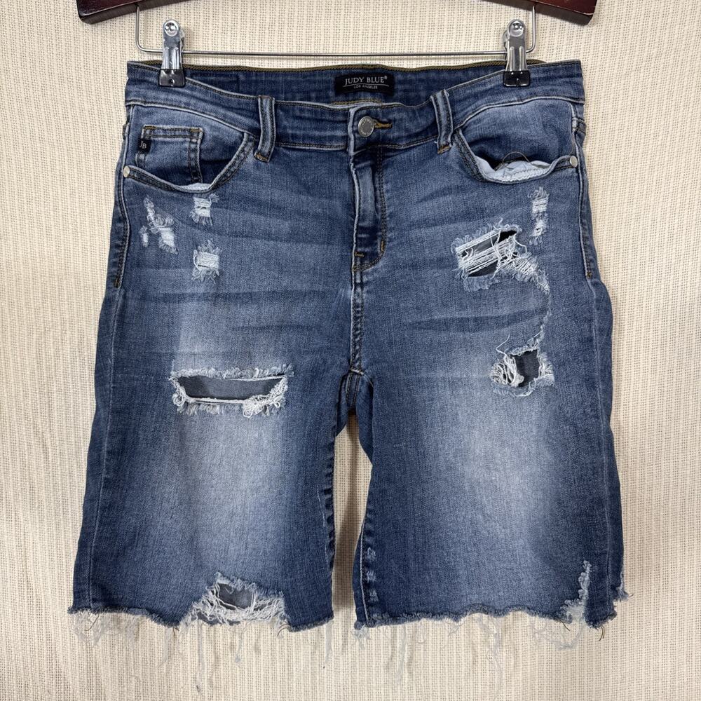 Judy Blue Denim Shorts Womens Large Distressed Raw Hem Stretch Mid Rise